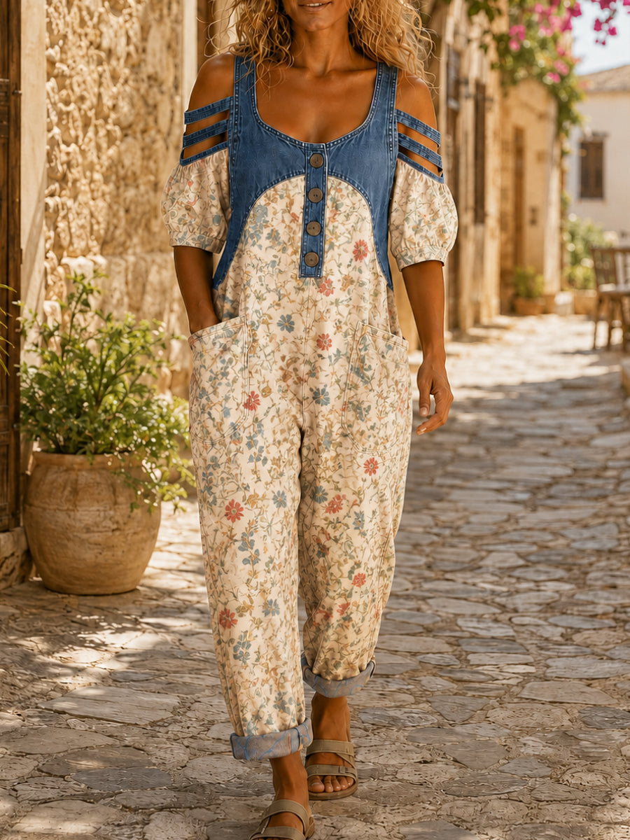 Women's Casual Sleeveless Denim Patchwork Jumpsuit